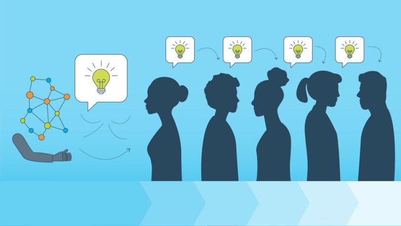 Graphic: A robotic hand transmits ideas represented by light bulbs to five human silhouettes in a row, indicating knowledge sharing.