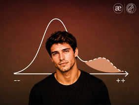 Portrait of a man wearing a black T-shirt against a brown background. Behind him is a white, bell-shaped curve with one large and one small peak above a horizontal axis.