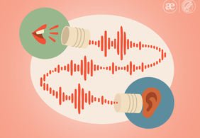 Illustration of speech and auditory communication: a stylized mouth speaks through a tube while orange sound waves travel toward a stylized ear. The background features warm shades of pink, cream, green, and blue.