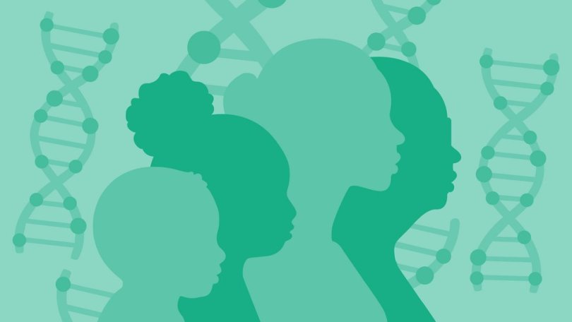 Four female silhouettes of varying sizes against a background featuring schematic depictions of the DNA double helix.