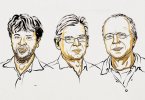 Portraits of three men, two of whom are wearing glasses, drawn with black lines and golden shading on a white background.